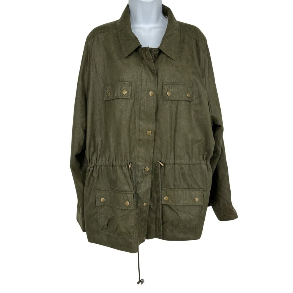 Susan Graver Olive Green 4 Front Pockets Gold-Tone Snaps Utility Jacket Size XL